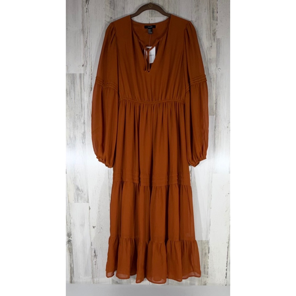 Forever 21 Tiered Midi Dress Size Medium Rust Burnt Orange Lined Sheer Sleeves